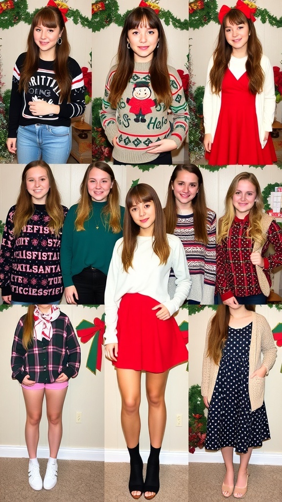 Stylish high school students in Christmas party outfits, including sweaters, dresses, and accessories.